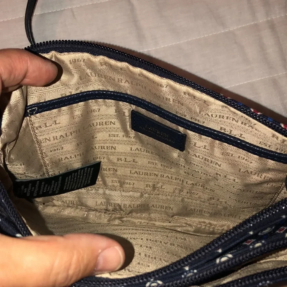 LRL Double Zip Chadwick Geo Print Canvas Faux Leather Combo Crossbody Bag